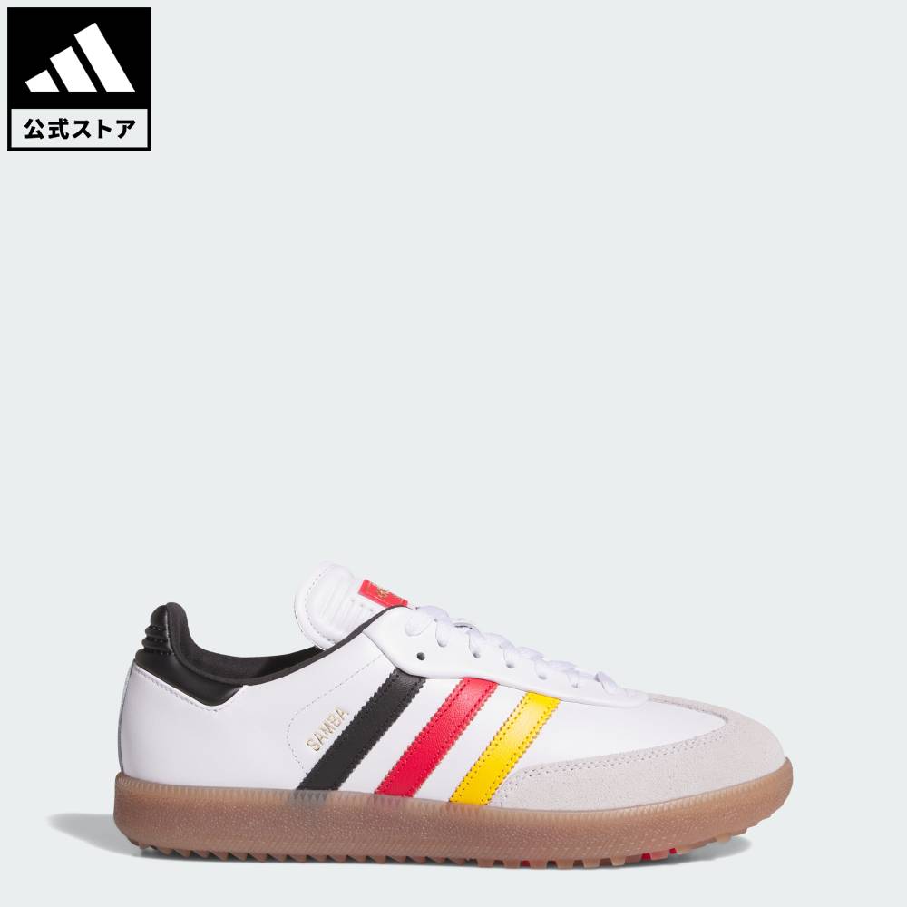 Brand：オリジナルスSports：ゴルフCategory：シューズ・靴【30cg】【color:ホワイト】【size:22cm】 【size:22.5cm】 【size:23cm】 【size:23.5cm】 【size:24cm】 【size:24.5cm】 【size:25cm】 【size:25.5cm】 【size:26cm】 【size:26.5cm】 【size:27cm】 【size:27.5cm】 【size:28cm】 【size:28.5cm】 【size:29cm】 【size:29.5cm】 【size:30cm】 【size:30.5cm】 スポーツブランドアディダス公式ショップ【オリジナルスゴルフ】サンバ ゴルフ フルグレインレザー / Samba Golf半世紀以上にわたって愛され続けるフットウェア、「SAMBA(サンバ)」をゴルフ仕様にした一足。防水性と耐久性のある天然皮革素材をアッパーに採用。ミッドソールには、EVA素材のクッショニングによって、快適性と安定感を補強。また、シューズ内部には歩行性能をさらに向上させるために、通常のサンバには無い、追加のクッショニング素材がヒールに搭載されていることで、ゴルフシューズ特有の性能を持つ。アウトソールは、前足部は吸盤のような仕組みのあるSAMBAのアウトソールに倣いながら、ゴルフに必要なグリップ力や安定感をもたらすゴルフ専用の構造になっている。シルエットだけでなく、ゴルフに必要なパフォーマンス性能も備えた、ユニークなゴルフシューズ。オリジナルスが誇る名作を、高級感溢れるゴルフシューズに改良。レギュラーフィットシューレースクロージャーフルグレインレザーとスエードのアッパーテキスタイルライニング商品番号：KJ8224色：Cloud White / Pure Ruby / Core Blackモデル：NNO26スポーツ：ゴルフOther Color