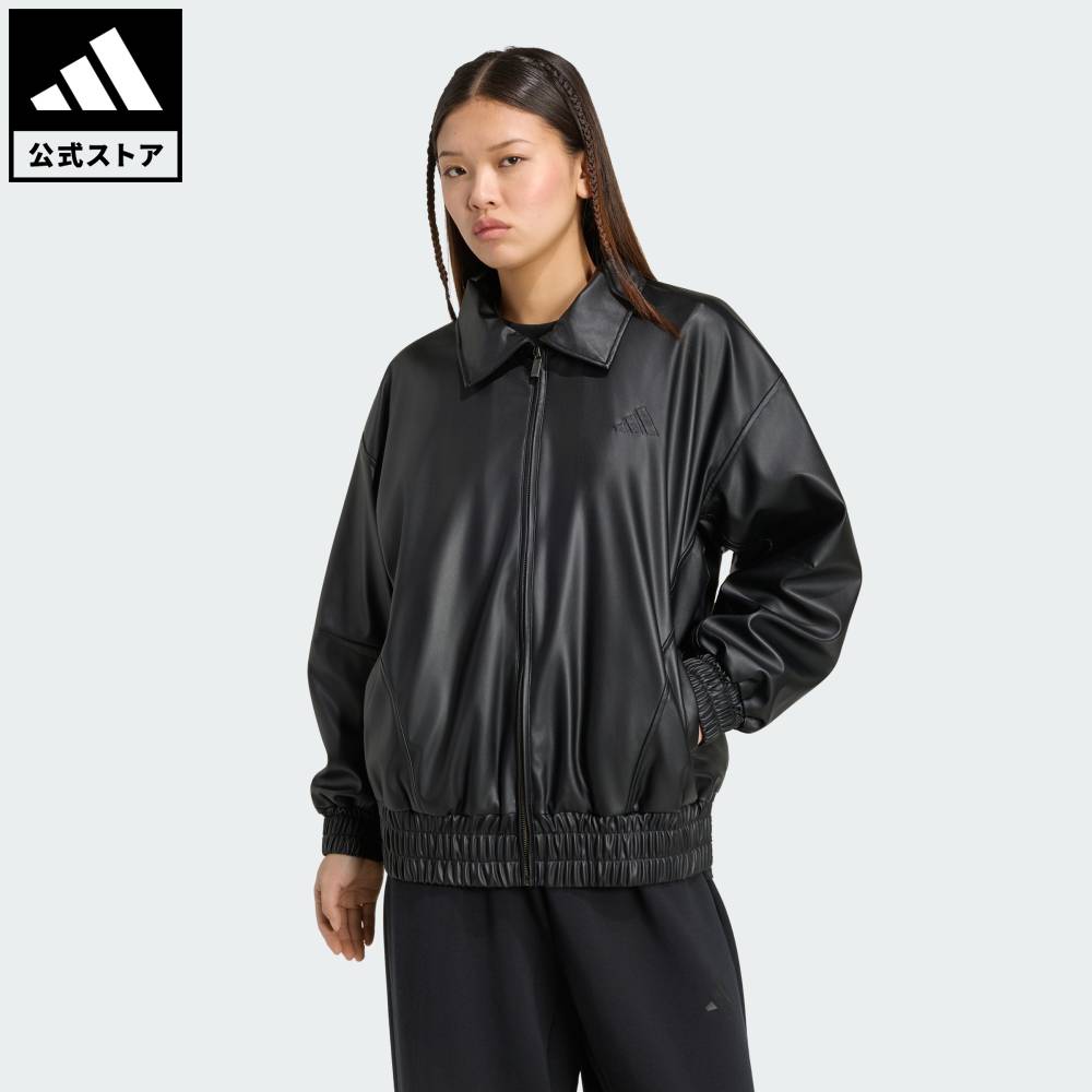 【公式】アディダス adidas 返品可 ライフスタイル スタジアム フェイクレザー ルーズフィット ジャケット スポーツウェア レディース ウェア・服 ジャケット 黒 ブラック KV0616