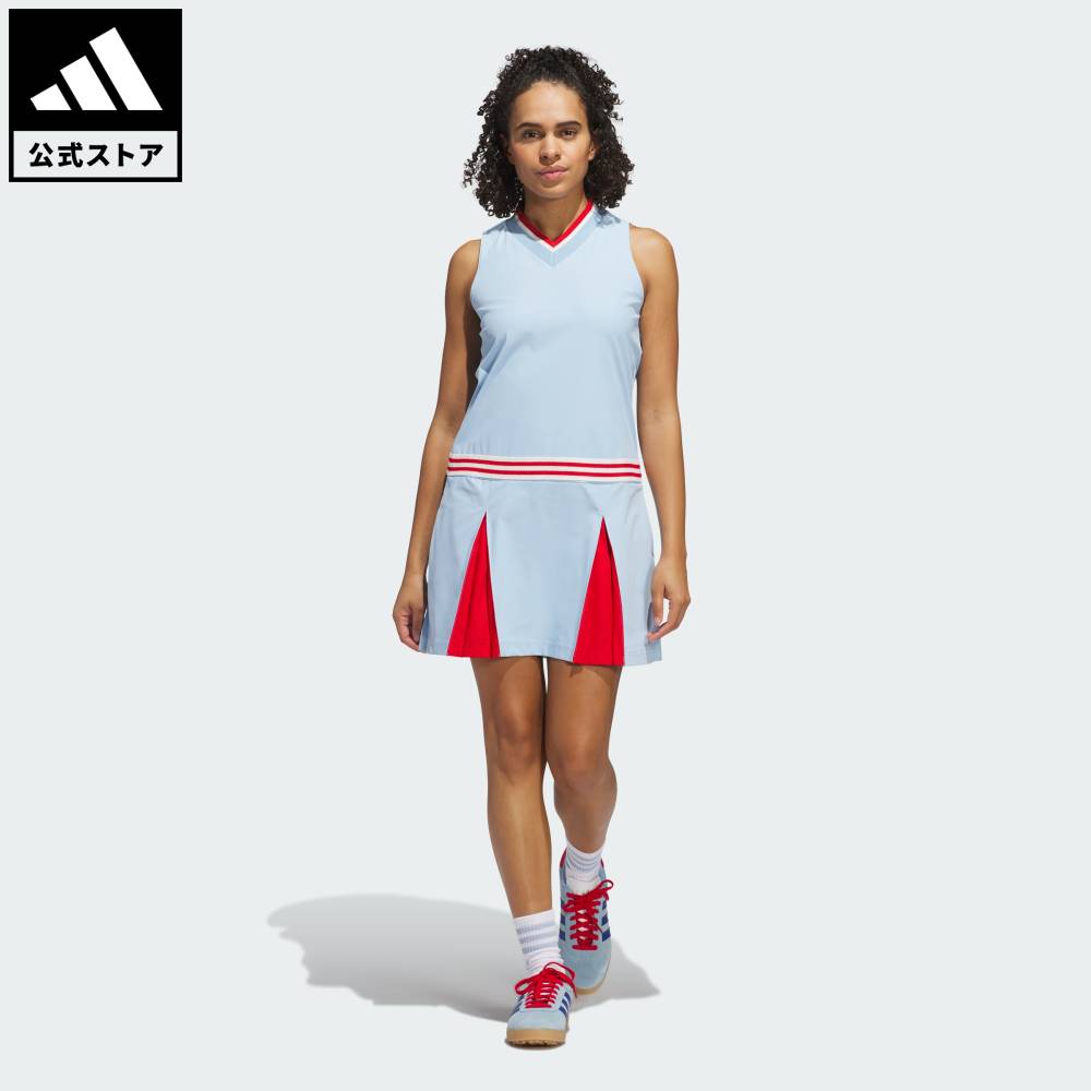 Brand：オリジナルスSports：ゴルフCategory：ウェア・服【28cf】【color:ブルー】【size:J/XS】 【size:J/S】 【size:J/M】 【size:J/L】 【size:J/XL】 【size:J/2XL】 スポーツブランドアディダス公式ショップ2025年04月時点の発売時販売価格よりも値下げしています【オリジナルスゴルフ】Vネック ノースリーブ ワンピースアディダス オリジナルス ゴルフ コレクションから、スタイリッシュなゴルフ用ワンピースが登場。素材には、美しいスイングや自由な動きをかなえる、4方向に伸縮する生地を使用。伝統を感じさせるクラシックなスタイルは、コースでもクラブハウスでも着映えする。クラシックなゴルフワンピース。レギュラーフィットVネックポリエステル100%サイドジップポケットバックポケット1つ商品番号：JF6393色：Clear Skyモデル：KVH77スポーツ：ゴルフSize胸囲ウエストうしろ着丈ヒップJ/XSJ/SJ/MJ/LJ/XLJ/2XL76cm80cm84cm88cm91cm97cm76cm80cm84cm88cm91cm97cm82cm83cm83cm84cm84cm86cm88cm92cm96cm100cm103cm109cm※ 上記の数値はそれぞれのサイズにおける製品の寸法を表しています。※ 商品によっては、表示の寸法から若干の誤差（1～2cm）が発生する場合があります。※ 同じサイズでも、製品の素材の特徴やデザインによって着用感が異なる場合があります。Other Color