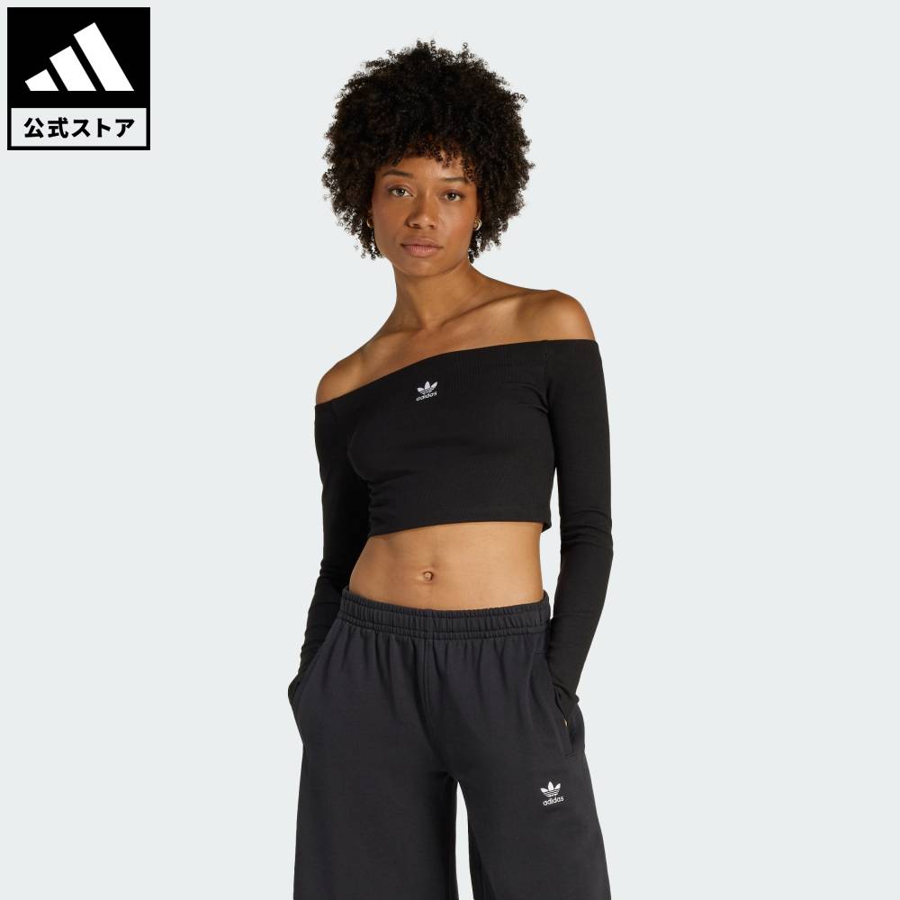 【ポイント20倍 04/29 00:00～05/06 23:59】 【公式】アディダス adidas 返品可 ライフスタイル エッセンシャルズ リブ オフショルダー 長袖Tシャツ オリジナルス レディース ウェア・服 Tシャツ 黒 ブラック KE3150 【PT】