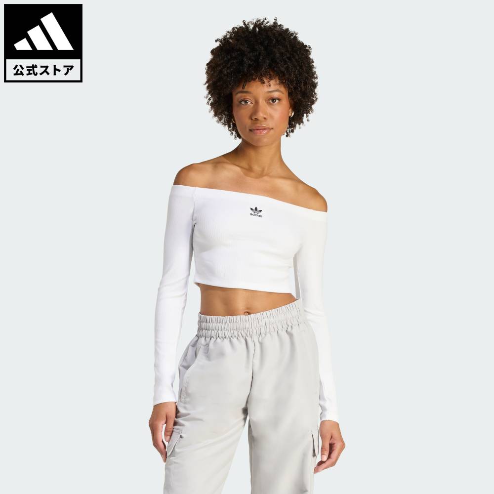 【ポイント20倍 04/29 00:00～05/06 23:59】 【公式】アディダス adidas 返品可 ライフスタイル エッセンシャルズ リブ オフショルダー 長袖Tシャツ オリジナルス レディース ウェア・服 Tシャツ 白 ホワイト KE3153 【PT】