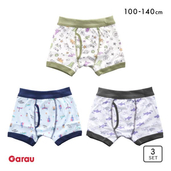 サイズ 100(胴囲47-53cm)110(胴囲49-55cm)120(胴囲51-57cm)130(胴囲53-59cm)140(胴囲54-62cm) カラー Set 素材 本体：綿100％ウエスト部分：綿95％　ポリウレタン5％ 仕様 ・キッズ用・3枚組・横に伸縮性あり・前開きタイプ・インナーラベル内側にネーム欄あり 関連ワード 210324 下着 肌着 インナー アンダーウェア ショーツ ジュニアインナー キッズインナー キッズ下着 ジュニア下着 小学生 インナーウェア ボクサーブリーフ 前開き ボーイズ 男児 子ども 子ども用 子供用 まとめ買い 買い替え 3枚セット 3枚組 3P 綿100％ コットン100％ 敏感肌用 プリント柄 総柄 ガロー Garau ボクサーパンツ キッズ ジュニア 男の子 前あき 3枚セット 綿100％ 130 140 150 160 170 ガロー Garau ロングボクサーパンツ キッズ ジュニア 男の子 前開き 2枚セット 杢 130 140 150 160 170 DRY 吸水速乾 &nbsp;ガロー Garau ボクサーパンツ キッズ ジュニア 男の子 前あき 3枚セット 綿100％ 100 110 120 130 140キッズの元気な毎日をサポート！ボクサーパンツ3枚組。サメや恐竜、昆虫のカジュアルな柄でデイリー使いにぴったり！3枚すべて違うデザインなので、飽きがこず使いやすさ抜群！身生地は綿100％で柔らかくなめらかな肌触り。横に伸縮性があり、ほどよく身体にフィット。内側にはお名前を書けるラベル付きです。新生活や新入学などのまとめ買いにもおすすめです。