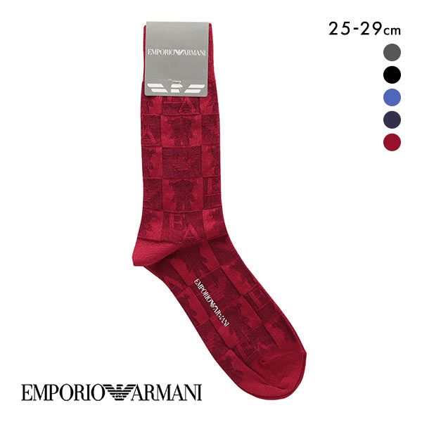  エンポリオ・アルマーニ EMPORIO ARMANI 定番マンガベア＆EAリンクス ブロック柄 クルー丈 メンズソックス 日本製 綿混 紳士 ADIEU 全5色 25-27cm-27-29cm