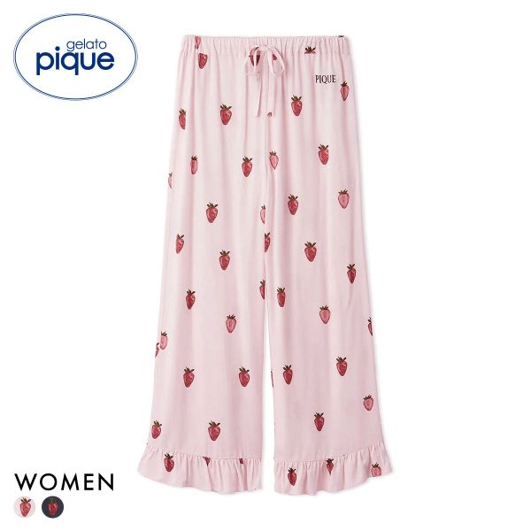ジェラートピケ レディース ストロベリー柄ツイルロングパンツ ジェラピケ パジャマ gelato pique ADIEU 全2色