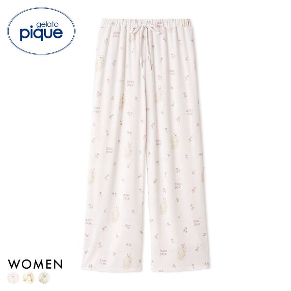 ジェラートピケ レディース フラワーキャット柄ロングパンツ ジェラピケ パジャマ ルームウェア gelato pique 猫の日 ADIEU 全3色