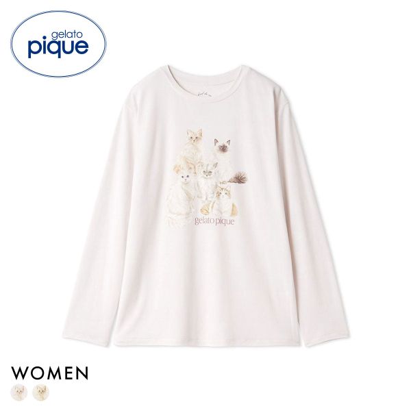 ジェラートピケ レディース キャットワンポイントロンT ジェラピケ パジャマ ルームウェア gelato pique 猫の日 ADIEU 全2色