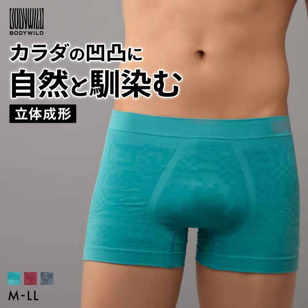 20％OFF【メール便(18)】 グンゼ BODY WILD 3D-Boxer ジオメトリックチェック柄 ボクサーパンツ メンズ 立体成型 前とじ GUNZE ボディワイルド ADIEU 全3色 M-LL