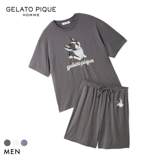 樂天商城 - ジェラートピケ オム メンズ 接触冷感 レーヨンドッグワンポイントTシャツ＆ハーフパンツセット ジェラピケ ルームウェア 上下セット gelato pique HOMME ADIEU 全3色 M-L ギフト プレゼント セットアップ