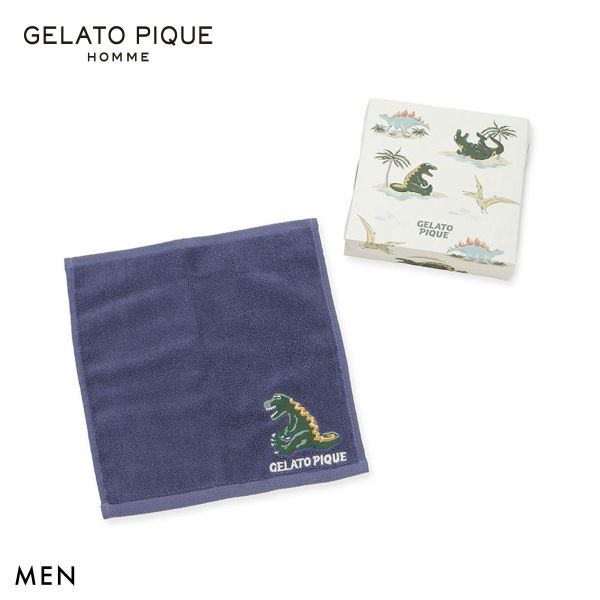 乐天商城 - ジェラートピケ オム メンズ スリーピングダイナソーワンポイントハンドタオル ジェラピケ gelato pique HOMME ADIEU