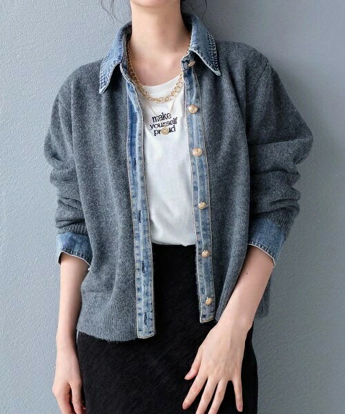 カーディガン 異素材切り替え デニムドッキングニットカーディガン レディース
