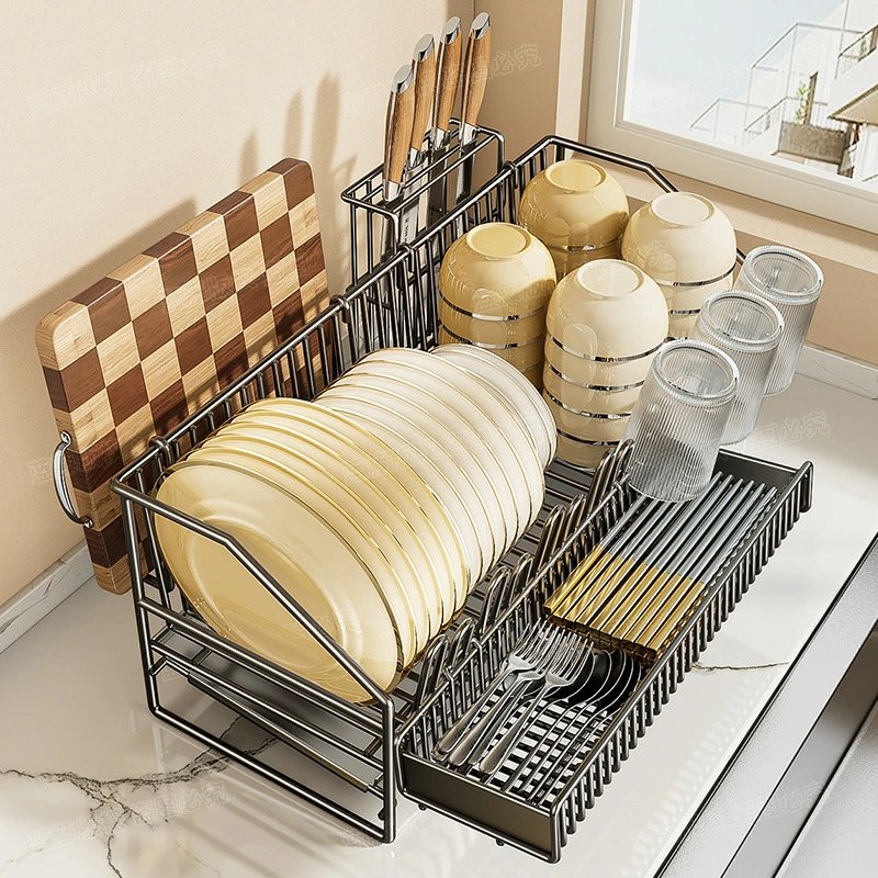 水切り 水切りラック 水切りかご スリム おしゃれ 大容量 包丁立て 箸置き まな板立て 高さ18cm 幅50cm 奥行21cm 水を自動で流すトレー付き 細長...