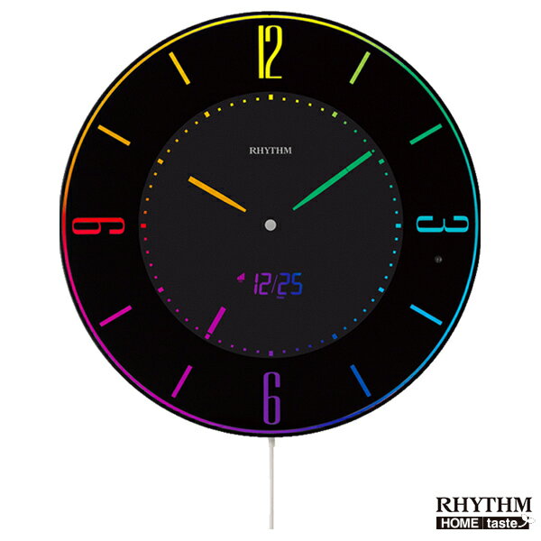 直径27×厚み2.1cm リズム イロリア エー デジタル時計 カラーグラデーション 時計 薄い 電波時計 壁掛け ライト 光る カラフル 電飾 日付