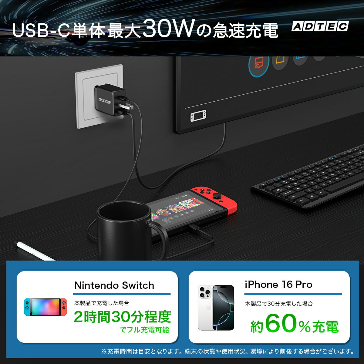 アドテック PD充電器 34.5W 2ポート【HDMI/4K/HD出力】Apple MacBook Air Pro／iPhone17 Air Pro／Google Pixel10 Proなど最新ノートPCやスマホ対応 有機EL版Switch対応 【eMarker搭載100W Type-Cケーブル付属】【USB-C+USB-A/USB HUB機能搭載】急速充電 APD-V034ACH-BK-WH 3