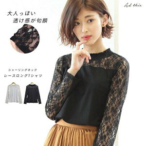 40%OFFクーポン対象★ テレコ切替レースロングTシャツ ロンT トップス インナー シアー素材 レディース 秋服 秋 冬