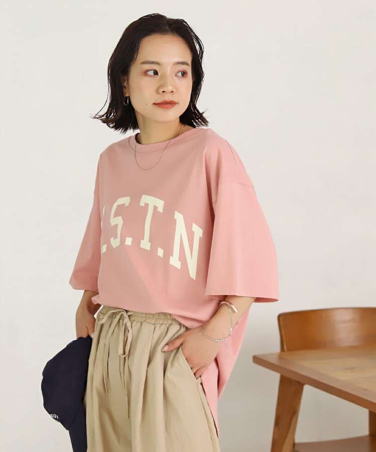 1枚1,100円★2点購入&クーポンで★楽天1位H.S.T.NカレッジTシャツロゴプリントラウンドスリットチュニックゆったりビック夏服夏