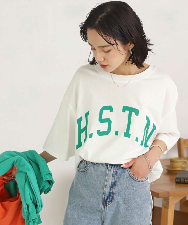 H.S.T.NカレッジTシャツロゴプリントラウンドスリットチュニックゆったりビック春服春