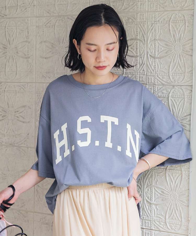 H.S.T.NカレッジTシャツロゴプリントラウンドスリットチュニックゆったりビック春服春