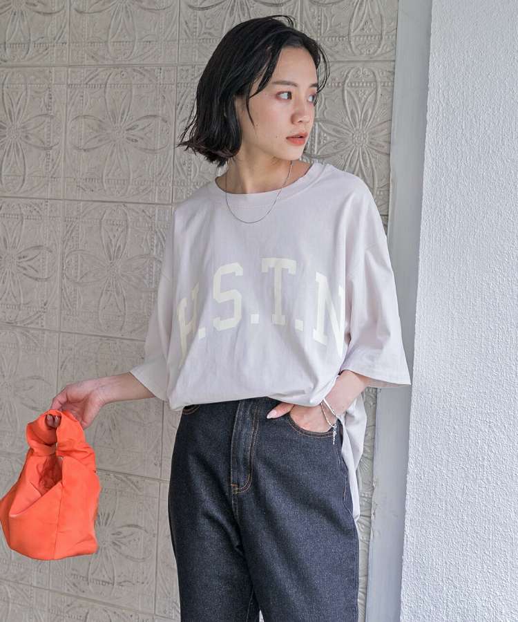 H.S.T.NカレッジTシャツロゴプリントラウンドスリットチュニックゆったりビック春服春