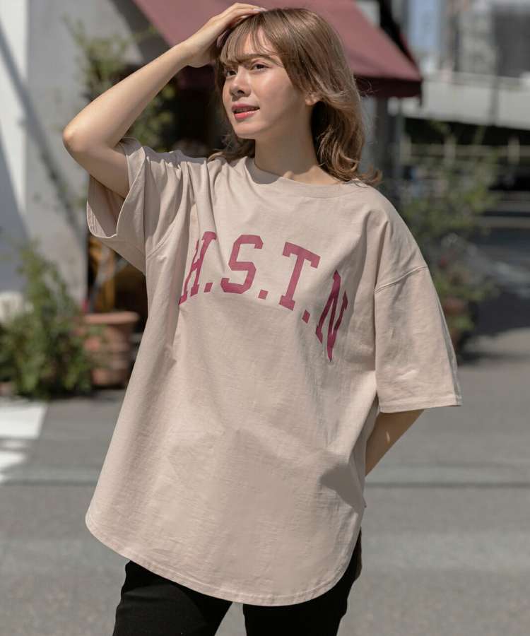 H.S.T.NカレッジTシャツロゴプリントラウンドスリットチュニックゆったりビック春服春