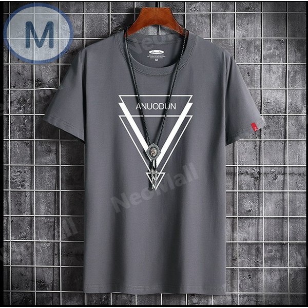 夏にピッタリ ☆ 丸首 半袖 Tシャツ【099】 グレー Mサイズ トップス シャツ シンプル イラスト プリント 春夏