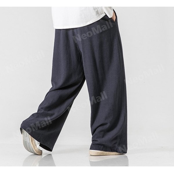 お買い得☆メンズ ワイドパンツ ネイビー カジュアル ロングパンツ スウェット 無地 ポケット付 オールシーズン【064】