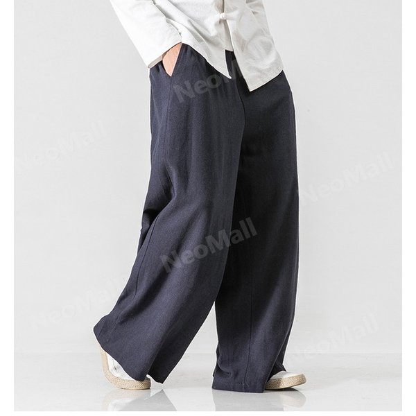 お買い得☆メンズ ワイドパンツ ネイビー カジュアル ロングパンツ スウェット 無地 ポケット付 オールシーズン【064】