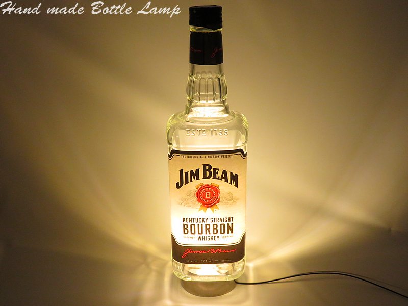 オリジナルボトルランプシェード　テーブルランプ　LEDウッドベースランプ　JIMBEAMジンビーム　空瓶でのハンドメイドキャンドルシェード　デスクランプ　インテリア　バレンタインプレゼントに