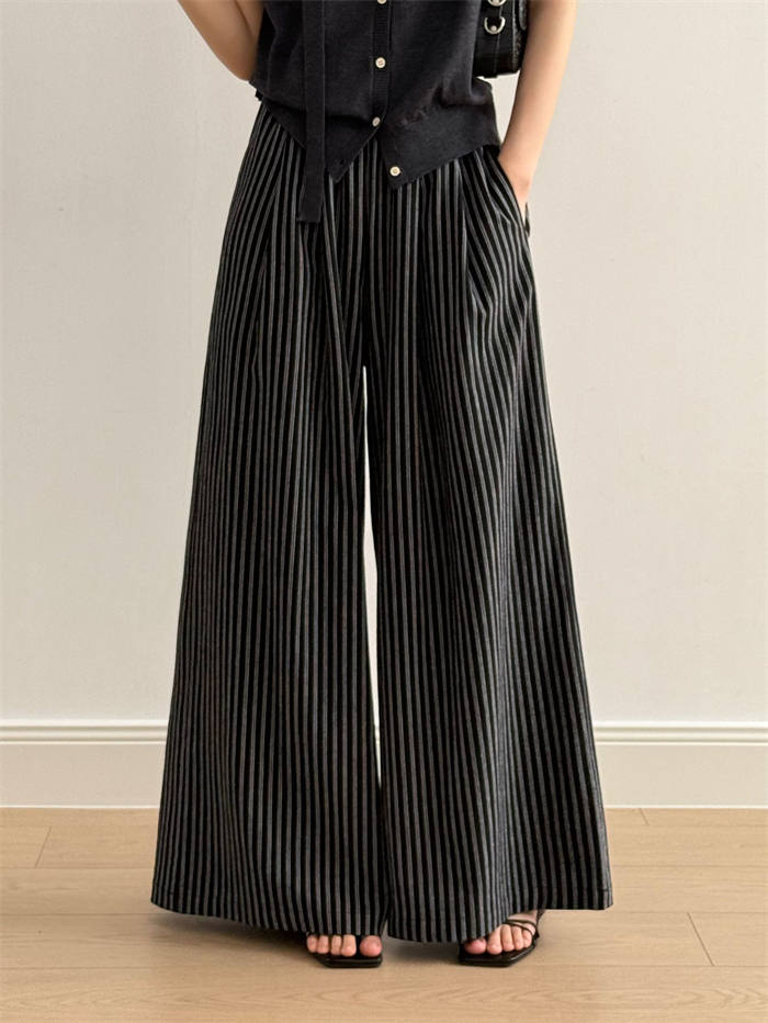 パンツ ワイドパンツ レディース ボトムス ガウチョ 春 夏 秋 ロング丈 軽量 ワイド ストライプ ゆったり リネン 綿 麻 長ズボン リネンパンツ イージーパンツ リラックス ウエストゴム シンプル 楽チン ポケット付 落ち感 体型カバー 大きいサイズ カジュアル