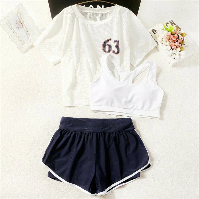 水着 レディース タンキニ　体型カバー 中学生 高校生 3点セット 半袖シャツ ラッシュガード ママ水着 セパレート ショートパンツ 10代 20代 韓国 小胸 二の腕カバー 露出控えめ 女の子 30代 海 プール リゾート カバーアップ 胸パッド付き