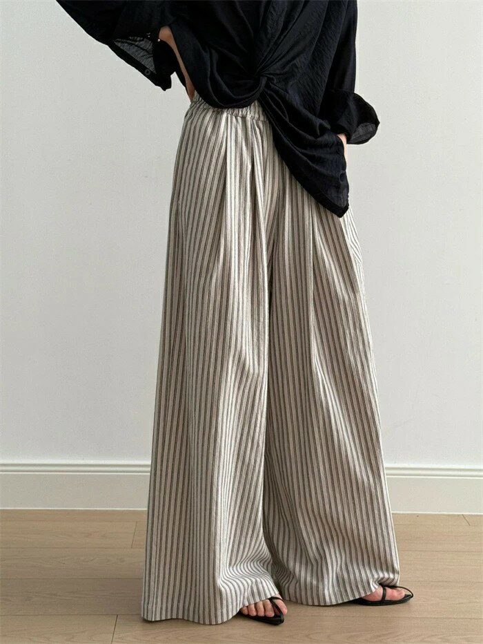 ワイドパンツ レディース 春夏 ロング丈 パンツ ガウチョパンツ ストライプ柄 フレアパンツ チノパン ゆったり ストライプ柄パンツ スラックス 長ズボン 涼しげ カジュアル ロングパンツ ウエストゴム 落ち感 ゴム式 美シルエット ゆるっと ポケット付き リネン風 オフィス
