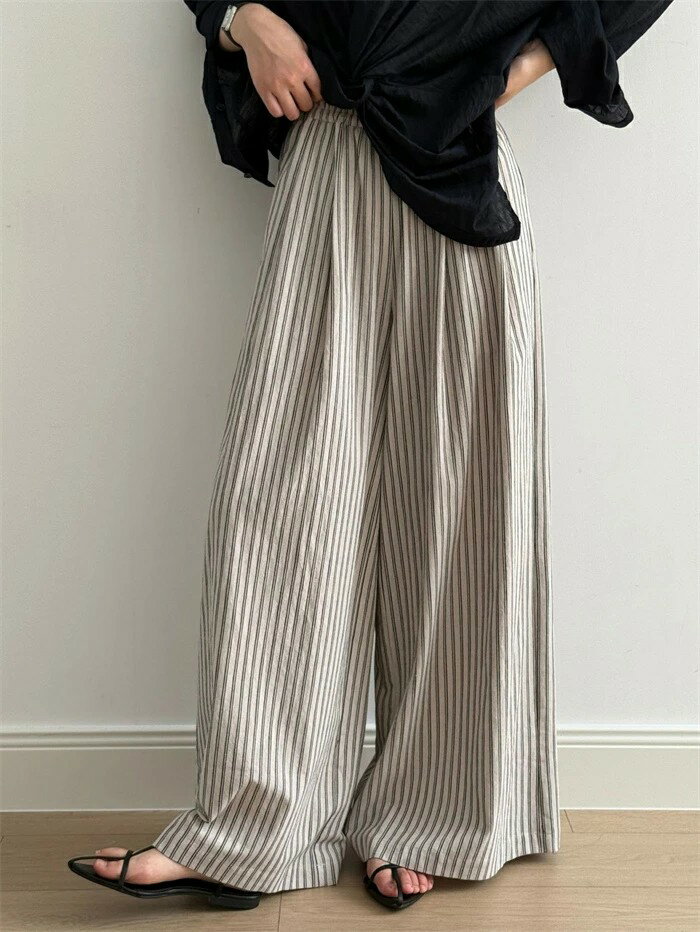 ワイドパンツ レディース 春夏 ロング丈 パンツ ガウチョパンツ ストライプ柄 フレアパンツ チノパン ゆったり ストライプ柄パンツ スラックス 長ズボン 涼しげ カジュアル ロングパンツ ウエストゴム 落ち感 ゴム式 美シルエット ゆるっと ポケット付き リネン風 オフィス