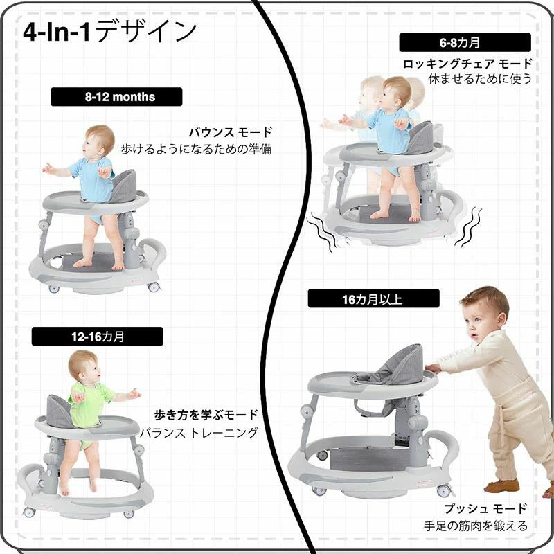 歩行器 ベビーウォーカー 2in1 赤ちゃん 食事用プレート付き 4モード 折りたたみ 2段階高さ調整可能 歩く練習 横転防止 おもちゃ付き 歩行機 歩行訓練 セーフティグッズ コンパクト 収納便利 手押し車 ベビー用品 6~18か月 出産祝い おしゃれ