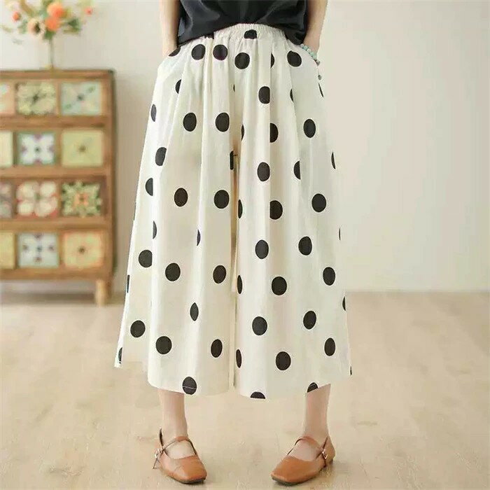 ワイドパンツ フレアパンツ レディース パンツ 夏 ガウチョパンツ クロップド ドット柄 水玉 体型カバー パンツ ボトムス ゆったり クロップド丈パンツ ガウチョ 7分丈 七分丈パンツ ウエストゴム ハイウエスト カジュアル 綿麻風 着痩せ 体型カバー ポケット付き 送料無料