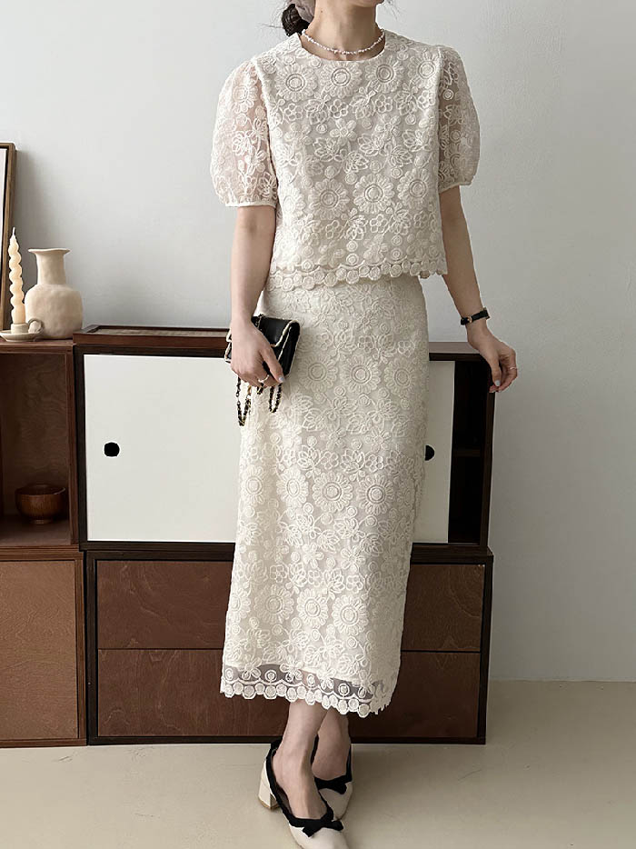 セットアップ レディース ブラウス 半袖 スカート ロング丈 2点セット スカートスーツ 花柄 刺? ブラウス ロングスカート カジュアル 楽ちん 可愛い ゆったり シンプル トレンド感 上品 通勤 OL 結婚式