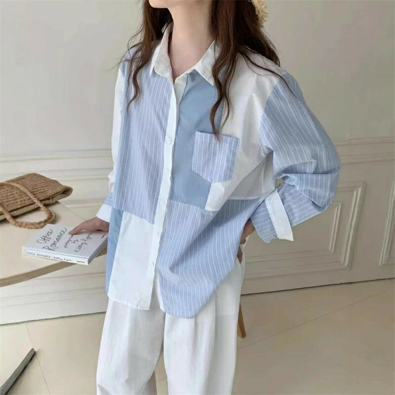 長袖シャツ ブラウス レディース 春 夏 長袖 シャツ シャツブラウス 綿 長袖ブラウス 折り襟 シャツ 切り替え デザイン トップス 配色 前開き ボタン留め 無地 ストライプ 通勤 大人おしゃれ カジュアル オフィスカジュアル 50代 40代 30代 20代 ブルー ホワイト
