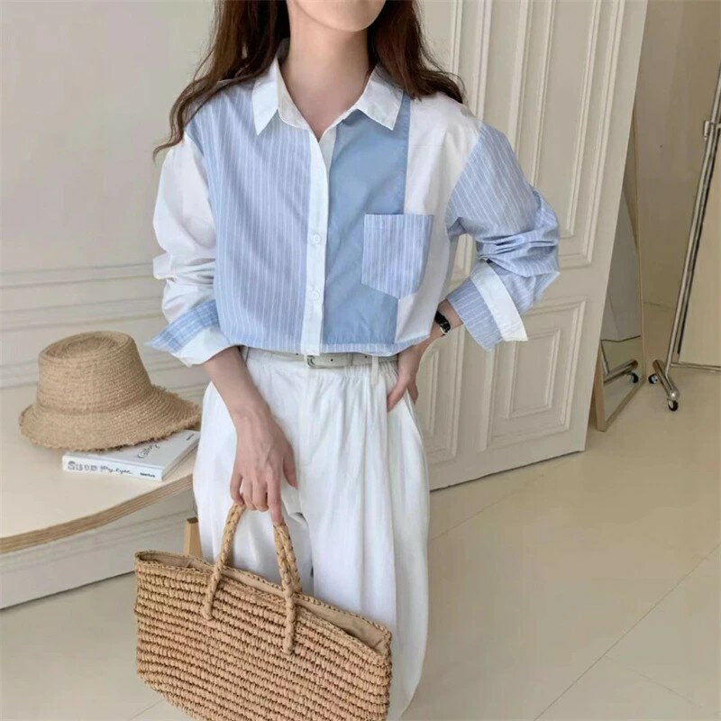 長袖シャツ ブラウス レディース 春 夏 長袖 シャツ シャツブラウス 綿 長袖ブラウス 折り襟 シャツ 切り替え デザイン トップス 配色 前開き ボタン留め 無地 ストライプ 通勤 大人おしゃれ カジュアル オフィスカジュアル 50代 40代 30代 20代 ブルー ホワイト