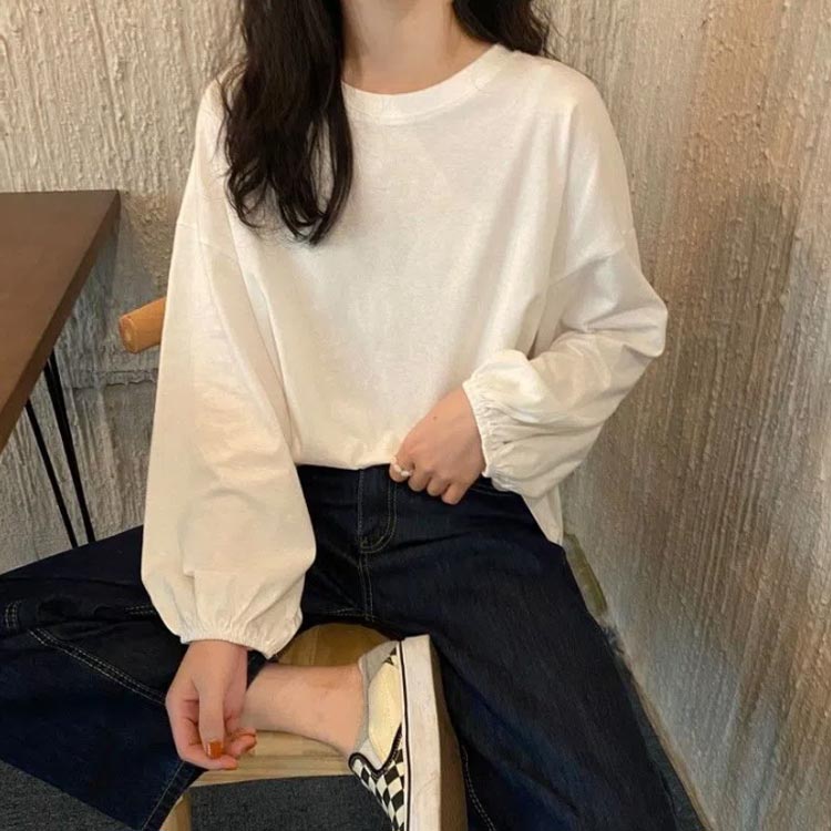 ロンT レディース カットソー 送料無料 袖ボリューム長袖Tシャツ ブルー カットソー ドロップショルダー シンプル 無地 袖ボリューム長袖Tシャツ ボリューム袖 ぽわん袖 重ね着 Tシャツ レイヤード ゆったり カジュアル パープル ホワイト ブラック