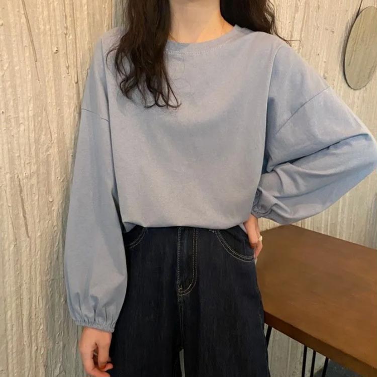 ロンT レディース カットソー 送料無料 袖ボリューム長袖Tシャツ ブルー カットソー ドロップショルダー シンプル 無地 袖ボリューム長袖Tシャツ ボリューム袖 ぽわん袖 重ね着 Tシャツ レイヤード ゆったり カジュアル パープル ホワイト ブラック