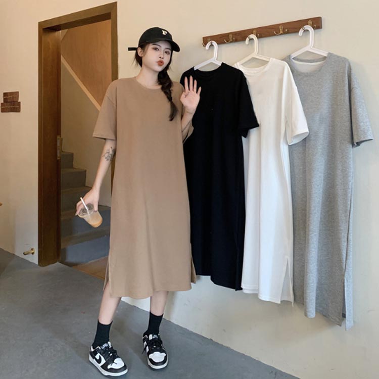 ワンピース 細見え ロングワンピース tシャツワンピース クルーネック レディース 半袖 夏 インナー 春 Tシャツワンピ オフィス ゆったり 丸首 体型カバー 着痩せ 無地 きれいめ スリット ルームウェア マタニティ おしゃれ フレア