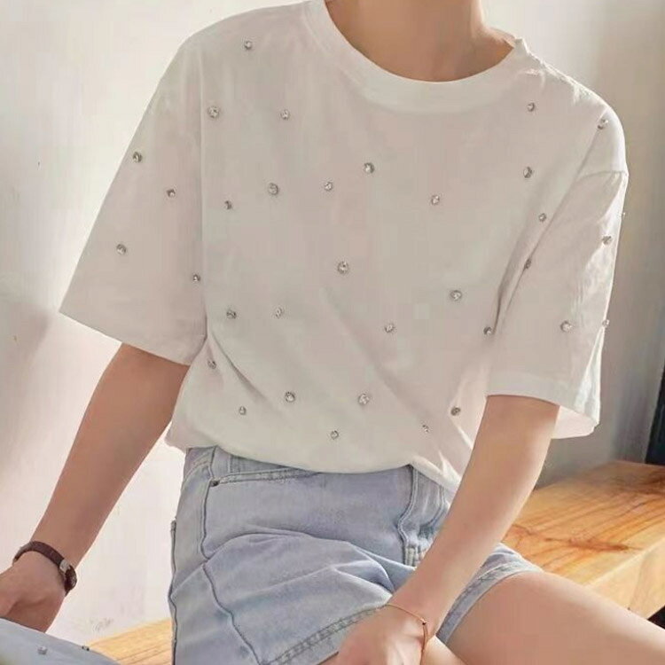 ビジューTシャツ カットソー レディース 半袖 Tシャツ クルーネック トップス 綿 ...
