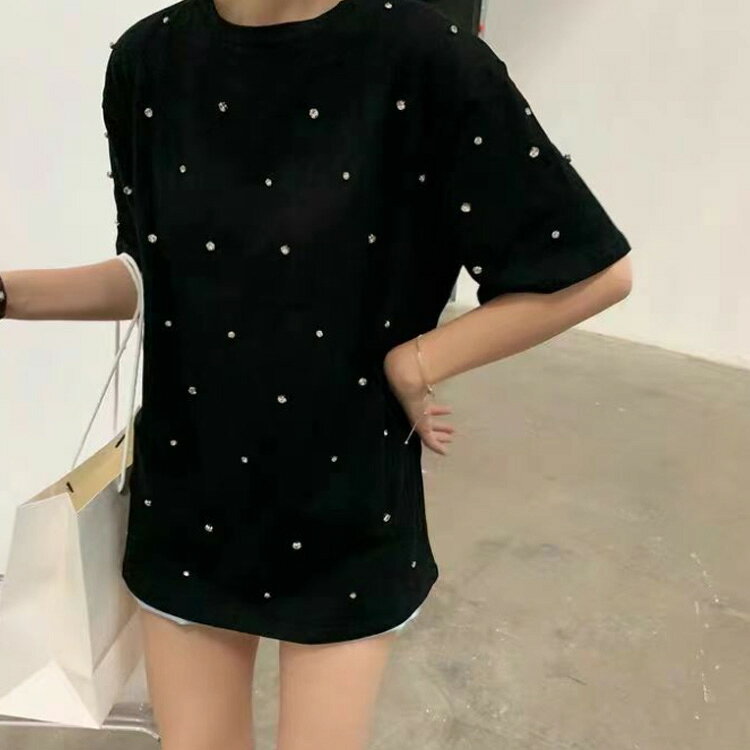 ビジューTシャツ カットソー レディース 半袖 Tシャツ クルーネック トップス 綿 ...