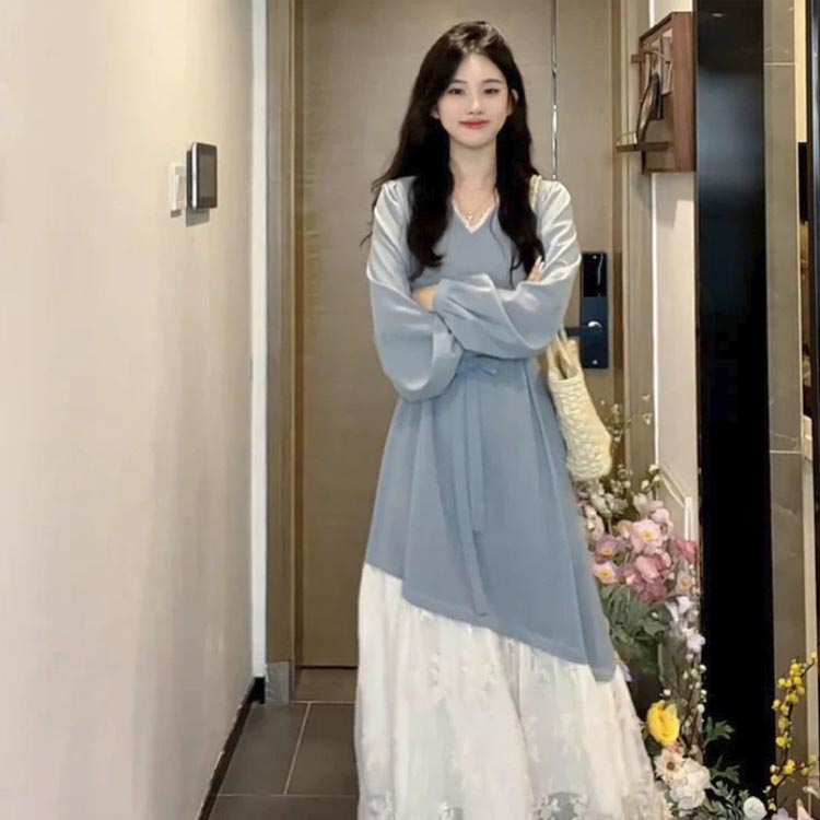 ンピース レース切り替え Vネック ワンピース レース切り替え フレアワンピース 長袖 体型カバー きれいめ Aラインワンピース ロングワンピース 大きいサイズ L XL 2XL 3XL