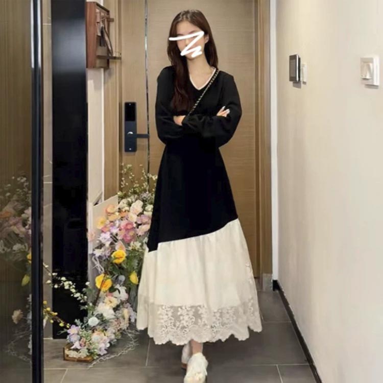 ンピース レース切り替え Vネック ワンピース レース切り替え フレアワンピース 長袖 体型カバー きれいめ Aラインワンピース ロングワンピース 大きいサイズ L XL 2XL 3XL