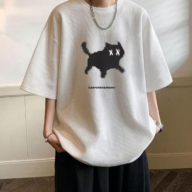 夏服 ユニセックス カットソー メンズ トップス M~5XL ゆったり Tシャツ 猫 レディース クルーネック 春 夏 綿 ビッグシルエット ドロップショルダー tシャツ 涼しい 大きいサイズ シンプル 半袖