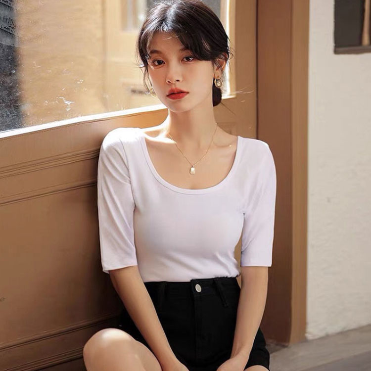 深あき インナー レディース 5分袖 tシャツ カットソー インナーシャツ 深開き 春 夏 肌着 Uネック 襟ぐり広め 無地 シンプル 薄手 肌着 S M L XL 2XL