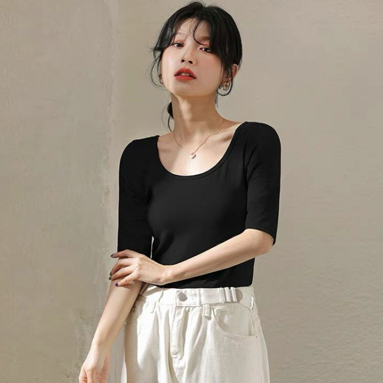 深あき インナー レディース 5分袖 tシャツ カットソー インナーシャツ 深開き 春 夏 肌着 Uネック 襟ぐり広め 無地 シンプル 薄手 肌着 S M L XL 2XL