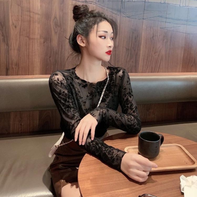 お花モチーフ レース シアートップス シースル Tシャツ ボートネック インナーTシャツ アイスシルク 紫外線対策 ひんやり 春 夏 メッシュ セクシー ブラック ベージュ