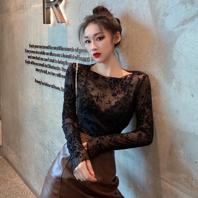 お花モチーフ レース シアートップス シースル Tシャツ ボートネック インナーTシャツ アイスシルク 紫外線対策 ひんやり 春 夏 メッシュ セクシー ブラック ベージュ