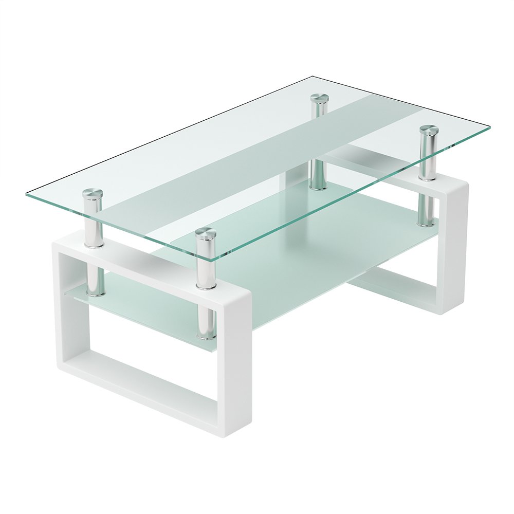 ガラステーブル ローテーブル コーヒーテーブル 幅87.5x奥47.5x高さ39.5cm 収納棚 口字型のテーブル脚 強化ガラス天板 クリア棚 おしゃれ