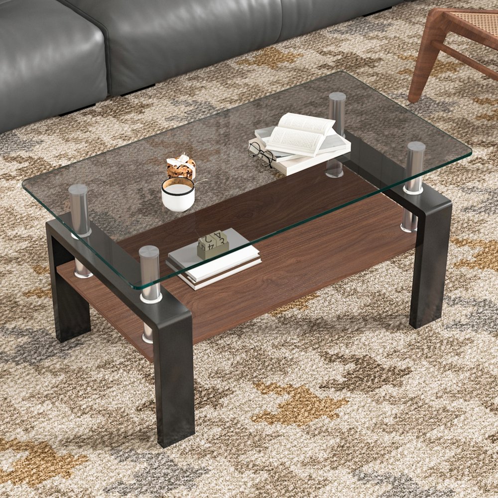モダン長方形コーヒーテーブル 強化ガラス天板+MDF収納棚 リビング用 グレーガラス+ブラック脚